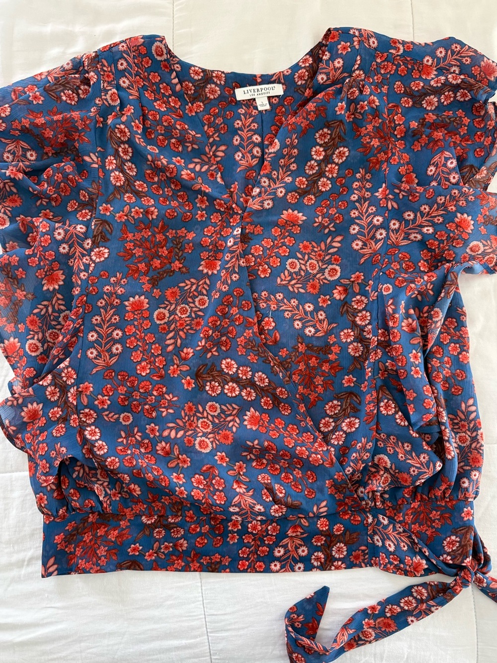 Liverpool Los Angeles Blue Red Floral Wrap Blouse with Ruffle Sleeves Size Large